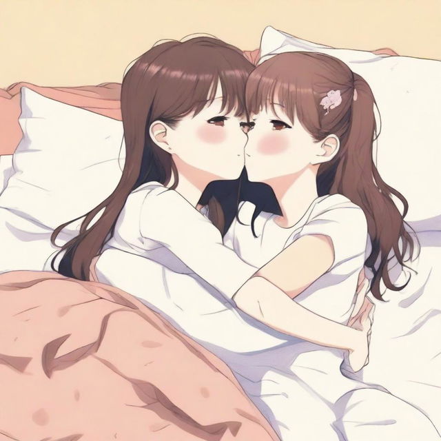 Two cute girls hugging with their tongues touching each other, on a bed