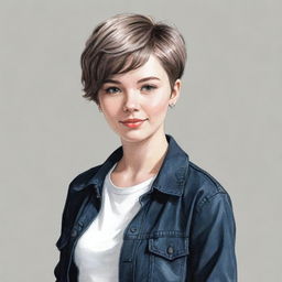 A hand-drawn illustration of a teenage girl with stylish short hair, exuding a confident and youthful vibe.