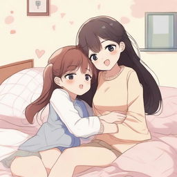 Two cute girls hugging with their tongues touching each other, on a bed