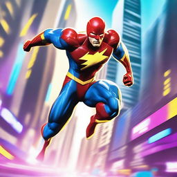 A dynamic and powerful superhero with incredible speed, racing through a futuristic cityscape