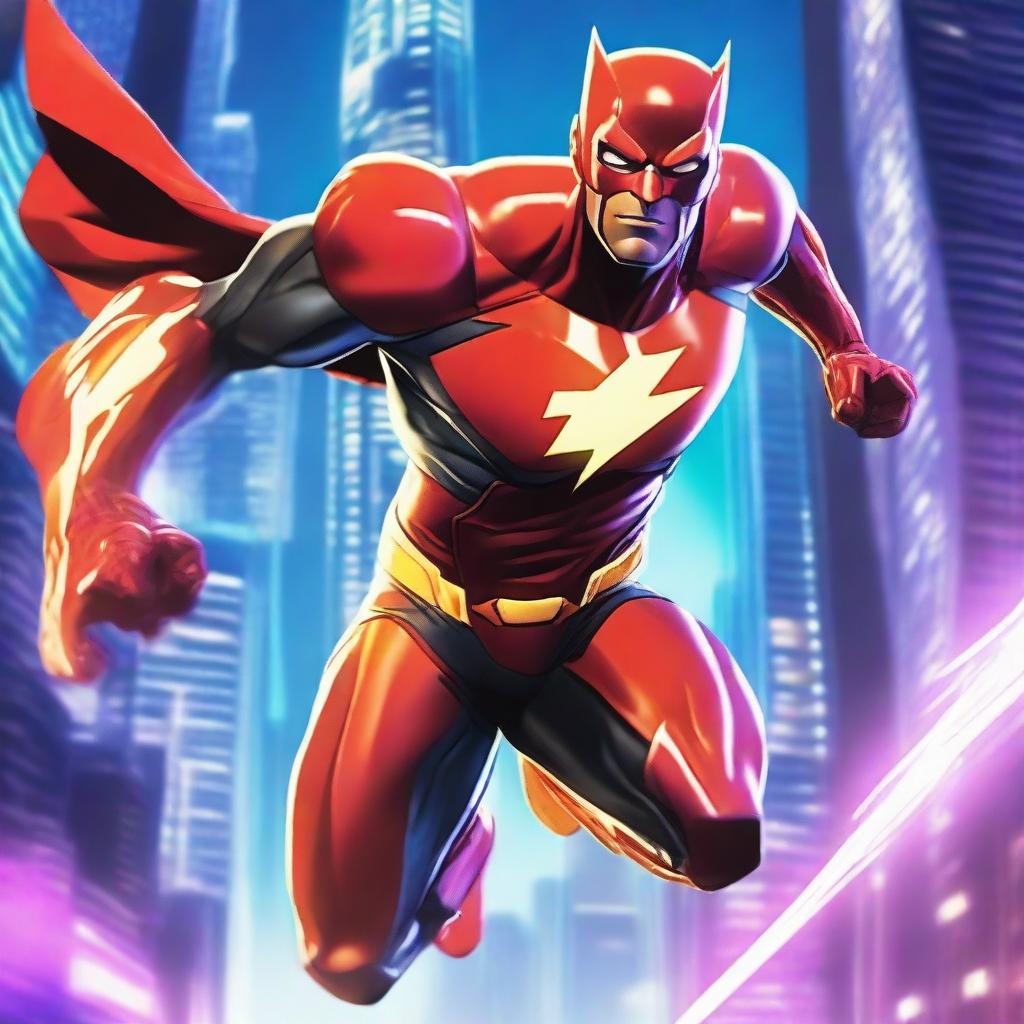 A dynamic and powerful superhero with incredible speed, racing through a futuristic cityscape