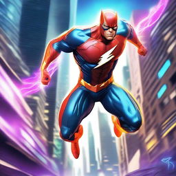 A dynamic and powerful superhero with incredible speed, racing through a futuristic cityscape