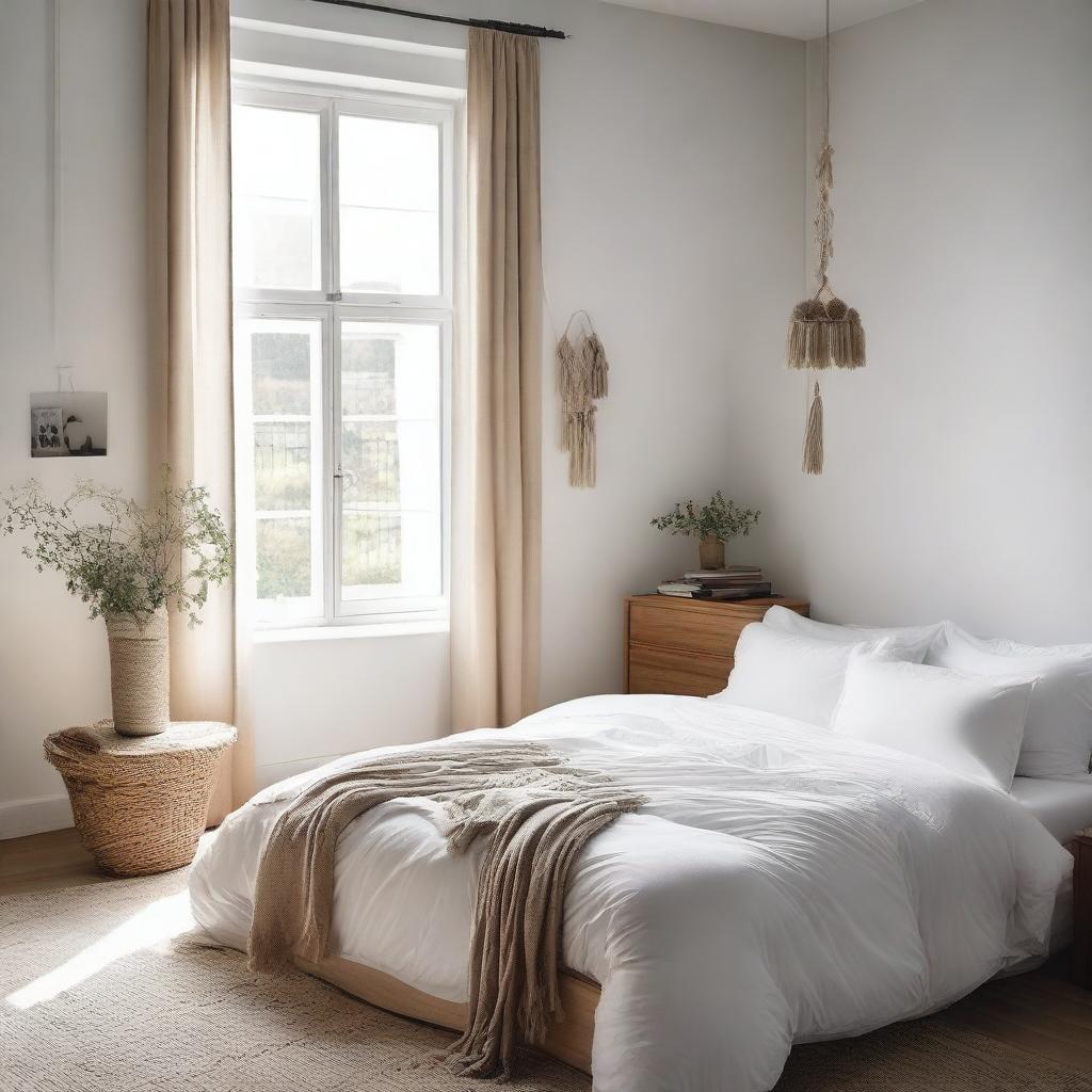 A cozy bedroom featuring a comfortable bed with a white duvet and fabric tassels along the edge