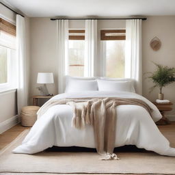 A cozy bedroom featuring a comfortable bed with a white duvet and fabric tassels along the edge