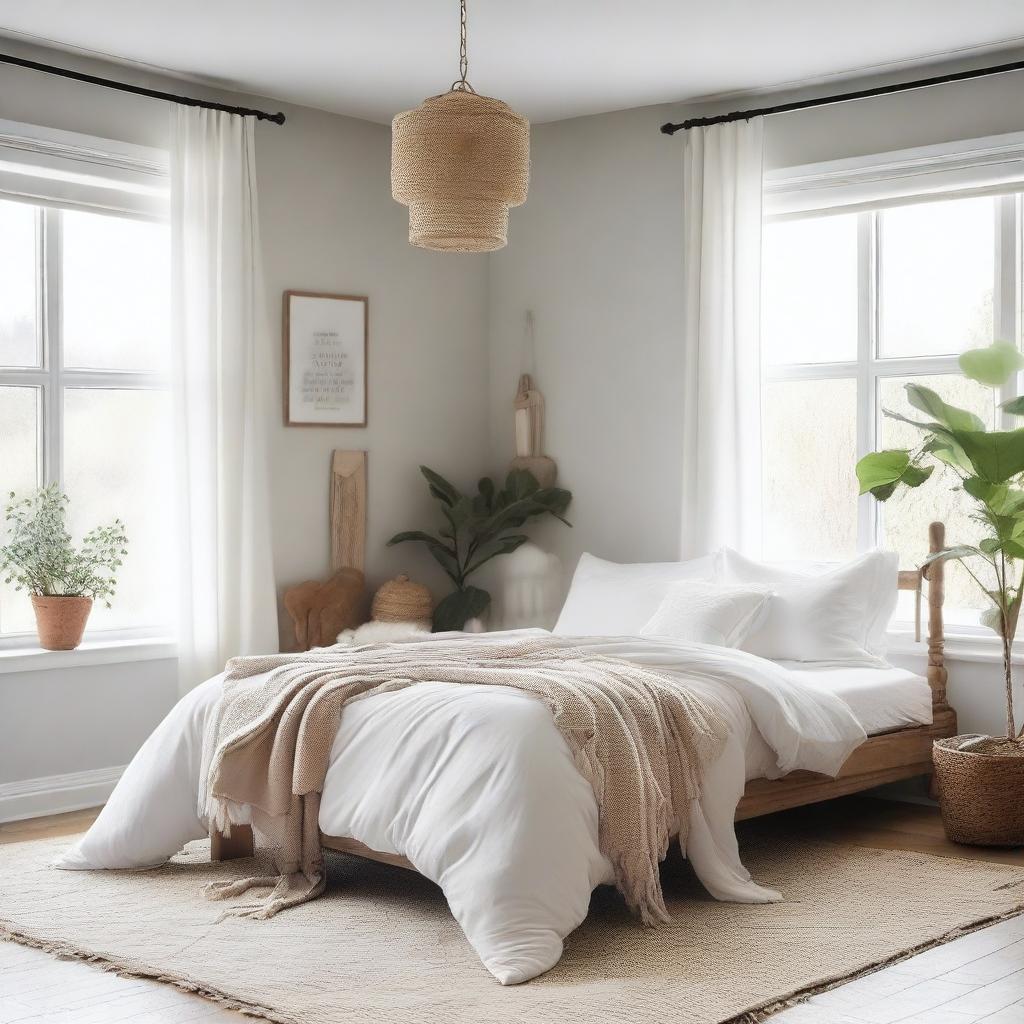 A cozy bedroom featuring a comfortable bed with a white duvet and fabric tassels along the edge