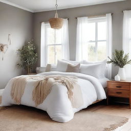 A cozy bedroom featuring a comfortable bed with a white duvet and fabric tassels along the edge