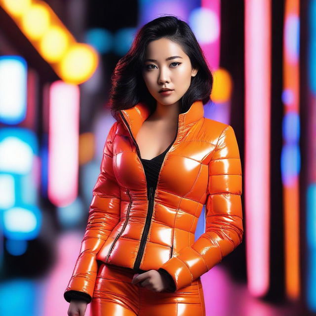 A fashionable Asian woman wearing a tight, shiny orange puffer corset, posing confidently