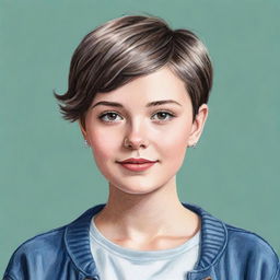 A hand-drawn illustration of a teenage girl with stylish short hair, exuding a confident and youthful vibe.