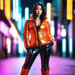 A fashionable Asian woman wearing a tight, shiny orange puffer corset, posing confidently