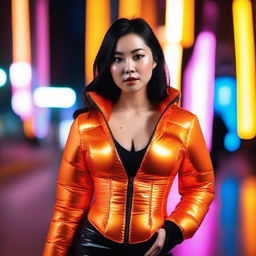 A fashionable Asian woman wearing a tight, shiny orange puffer corset, posing confidently