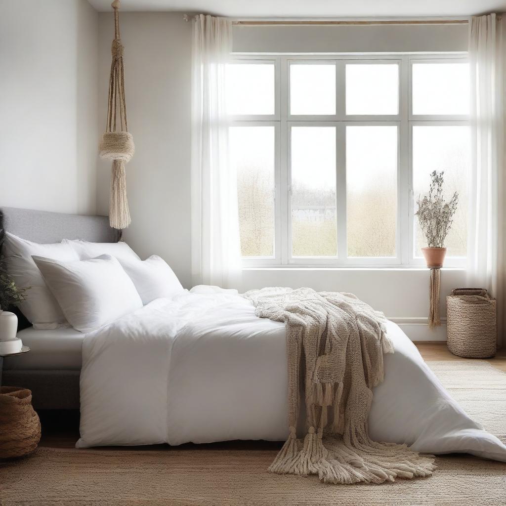 A cozy bedroom featuring a comfortable bed with a white duvet and fabric tassels along the edge