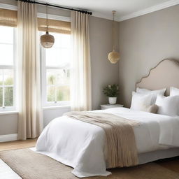 A cozy bedroom featuring a comfortable bed with a white duvet and fabric tassels along the edge