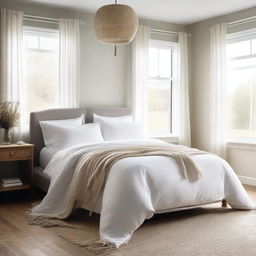 A cozy bedroom featuring a comfortable bed with a white duvet and fabric tassels along the edge