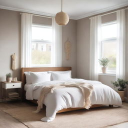 A cozy bedroom featuring a comfortable bed with a white duvet and fabric tassels along the edge