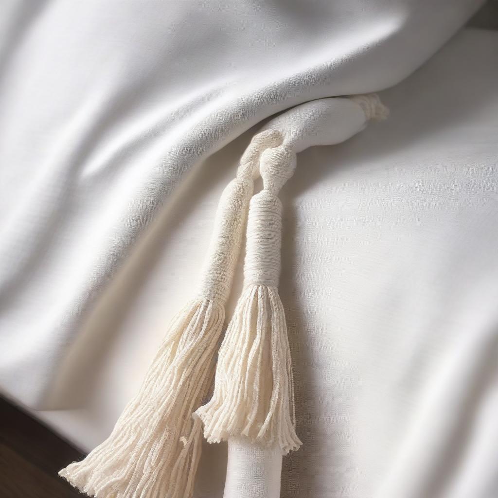 A close-up view of a duvet cover with fabric tassels along the edge