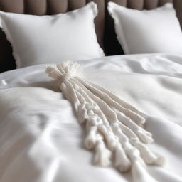 A close-up view of a duvet cover with fabric tassels along the edge