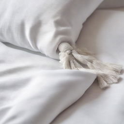 A close-up view of a duvet cover with fabric tassels along the edge