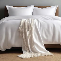 A detailed image of a duvet cover with fabric tassels along the edge