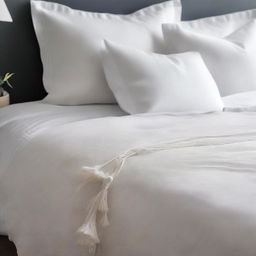 A detailed image of a duvet cover with fabric tassels along the edge