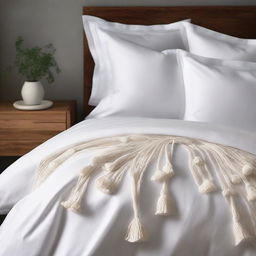 A detailed image of a duvet cover with fabric tassels along the edge