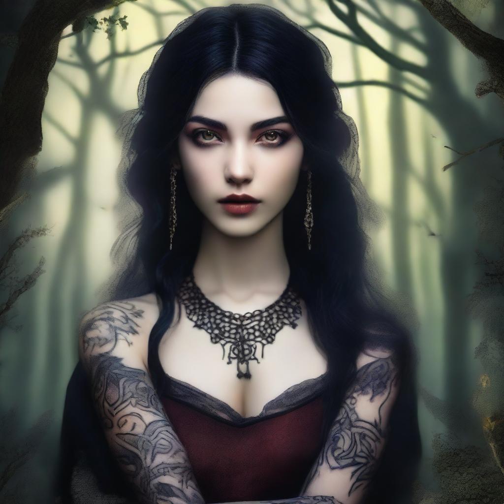 A young woman hexblood with yellow almond eyes and straight black hair