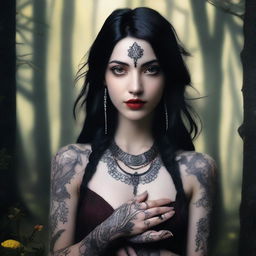 A young woman hexblood with yellow almond eyes and straight black hair