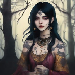 A young woman hexblood with yellow almond eyes and straight black hair