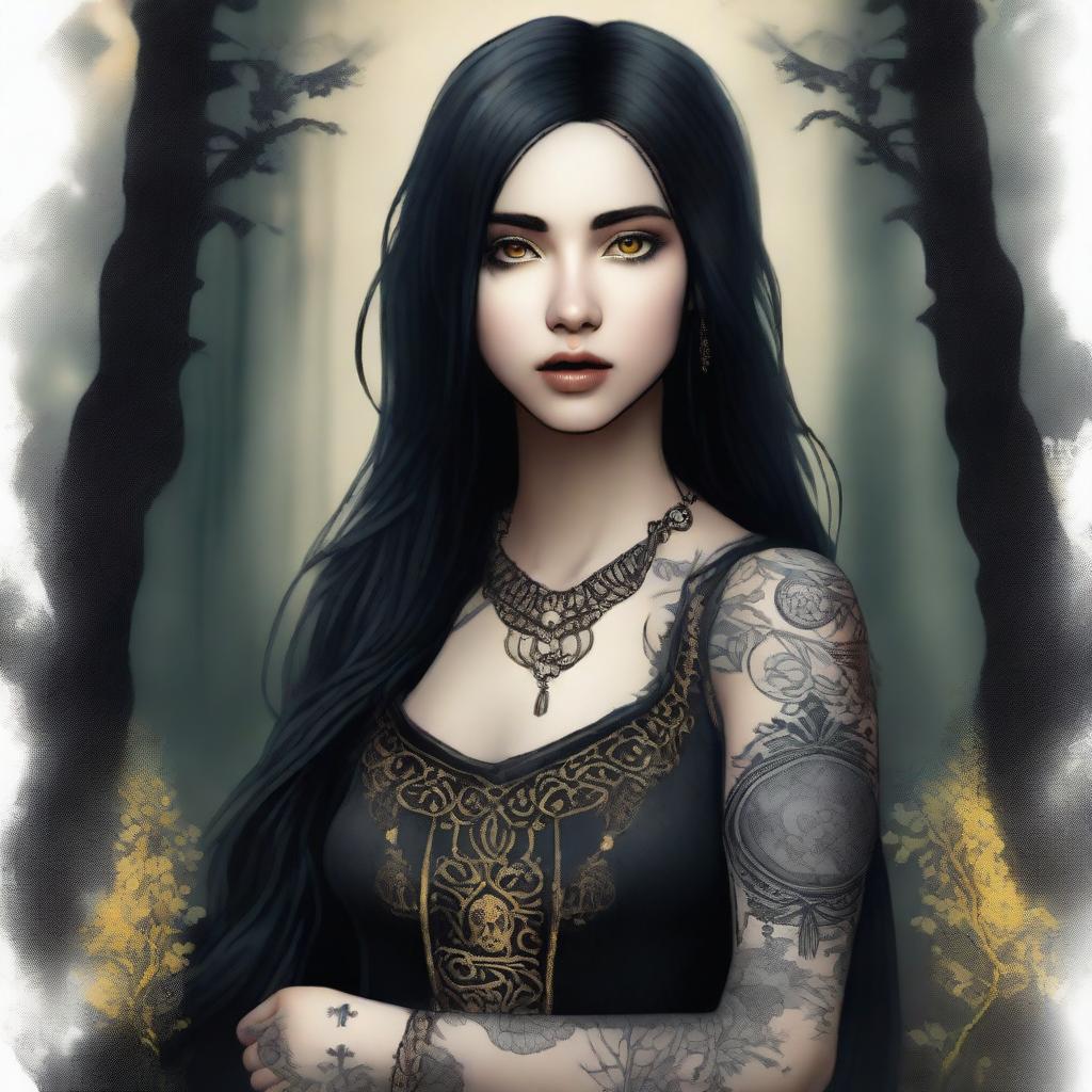 A young woman hexblood with yellow almond eyes and straight black hair