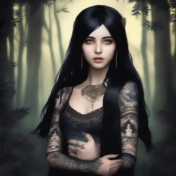 A young woman hexblood with yellow almond eyes and straight black hair