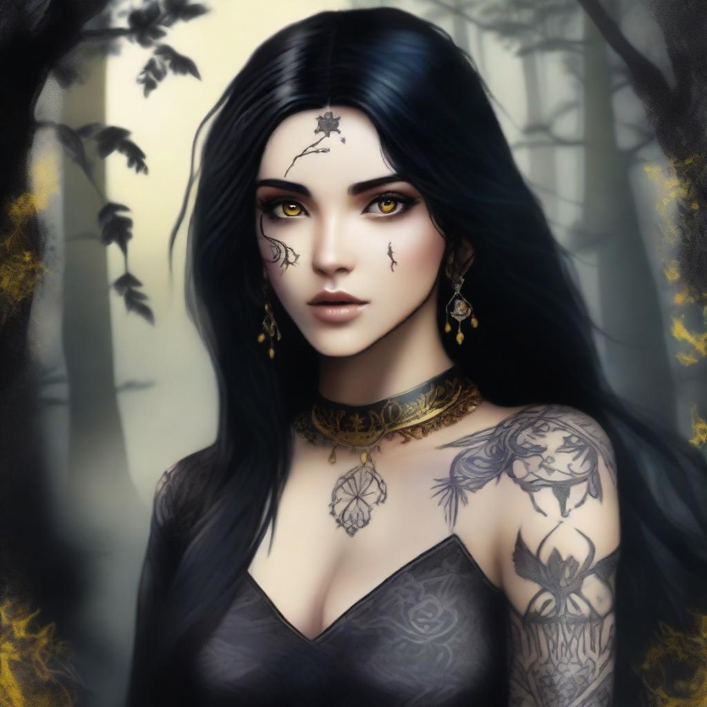 A young woman hexblood with yellow almond eyes and straight black hair