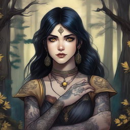 A young woman hexblood from Dungeons & Dragons with yellow almond eyes and straight black hair