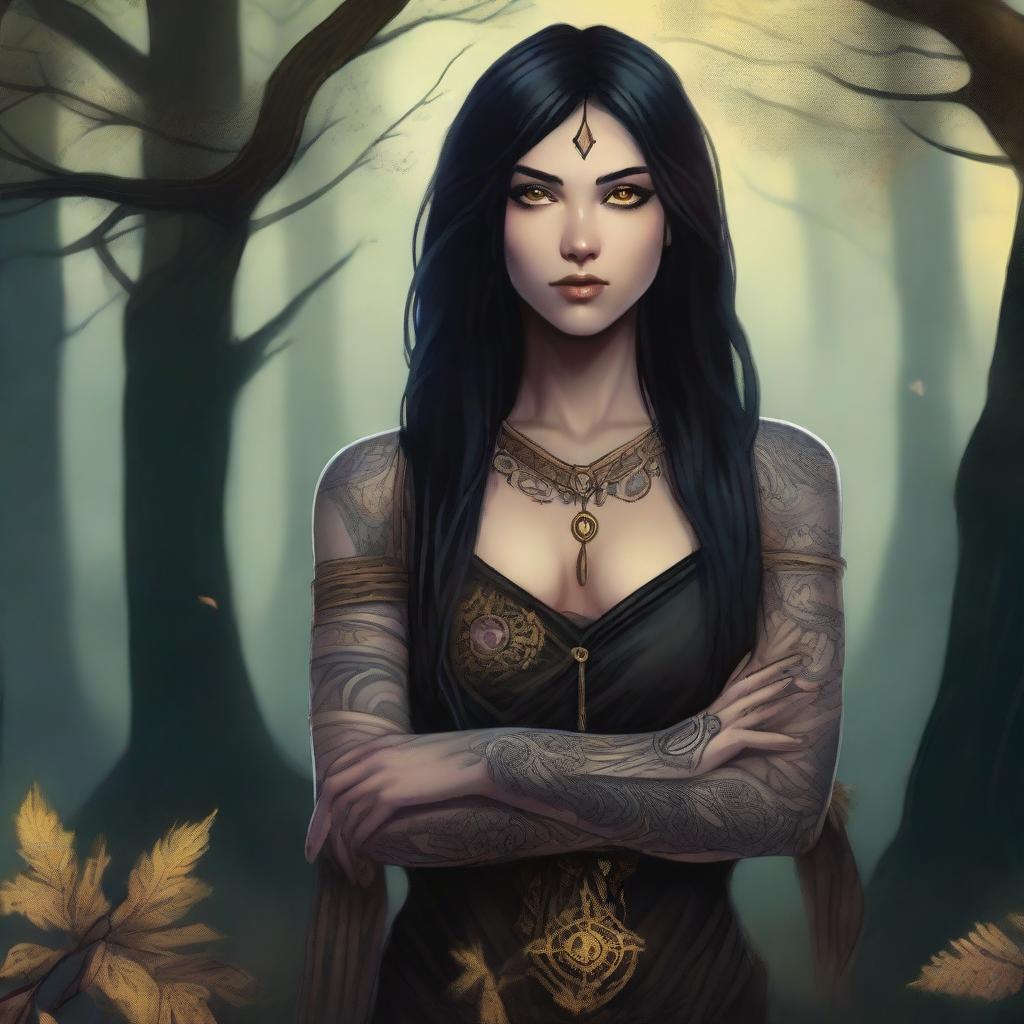 A young woman hexblood from Dungeons & Dragons with yellow almond eyes and straight black hair