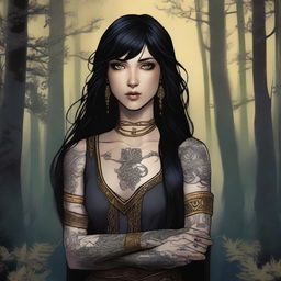 A young woman hexblood from Dungeons & Dragons with yellow almond eyes and straight black hair