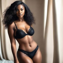 A beautiful black woman with a well-endowed and toned body, wearing elegant lingerie