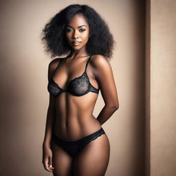 A beautiful young black woman with a well-endowed figure, wearing elegant lingerie