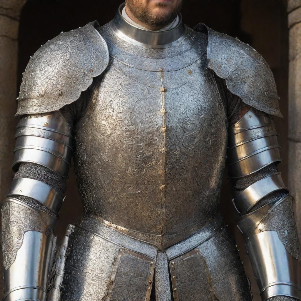 An elaborate, shining suit of medieval armor meticulously detailed.