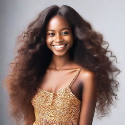 A beautiful black girl with long, flowing hair and a petite body