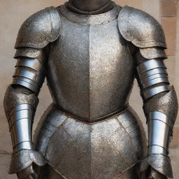 An elaborate, shining suit of medieval armor meticulously detailed.