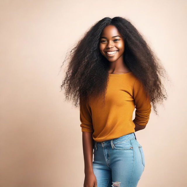 A beautiful black girl with long, flowing hair and a petite body