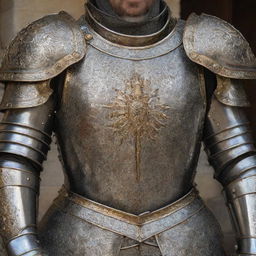 An elaborate, shining suit of medieval armor meticulously detailed.