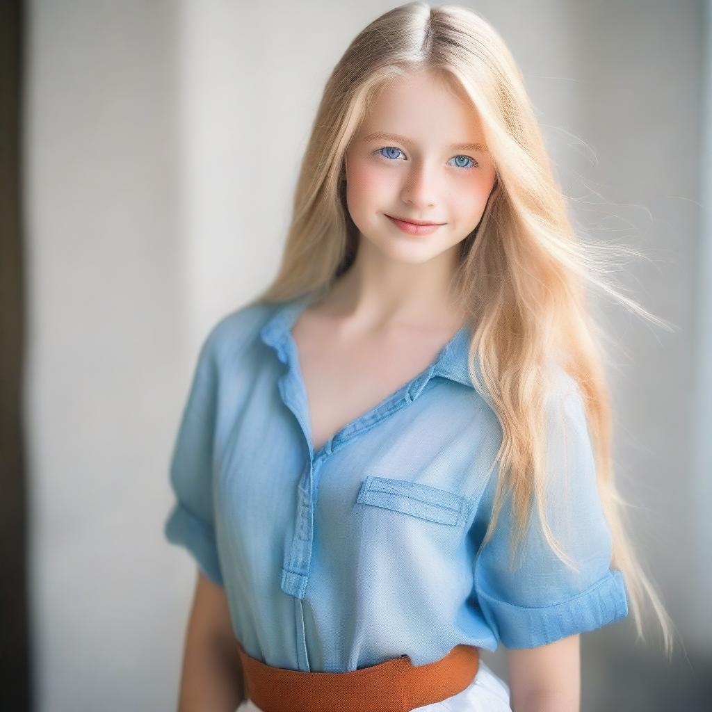 A beautiful girl with long blond hair and striking blue eyes