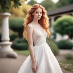 A beautiful girl with flowing ginger hair, wearing an elegant wedding dress