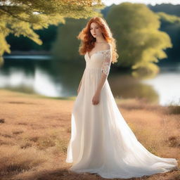 A beautiful girl with flowing ginger hair, wearing an elegant wedding dress