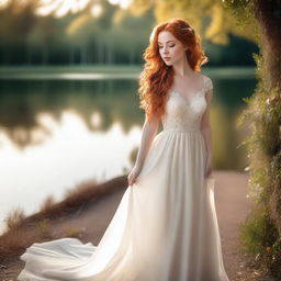 A beautiful girl with flowing ginger hair, wearing an elegant wedding dress