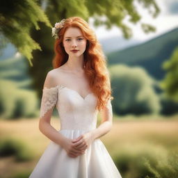 A beautiful girl with flowing ginger hair, wearing an elegant wedding dress