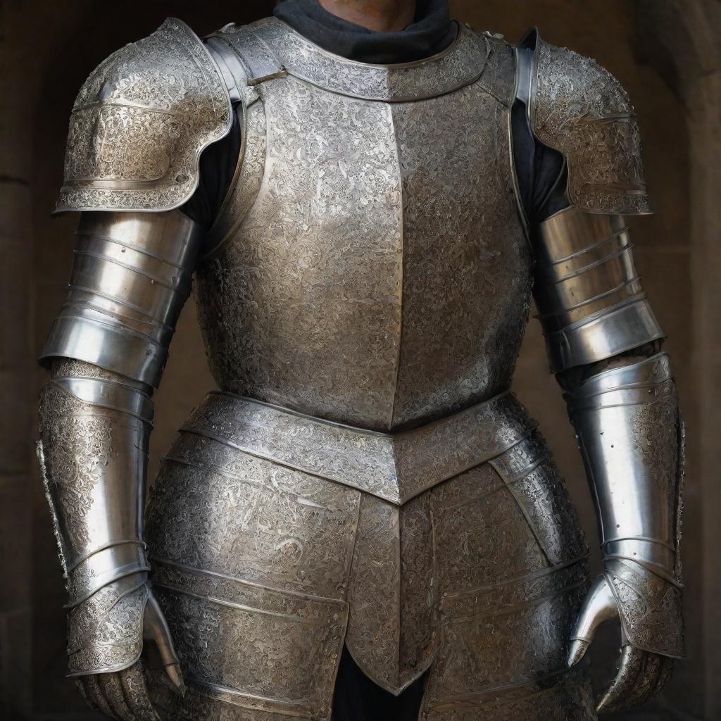 An elaborate, shining suit of medieval armor meticulously detailed.