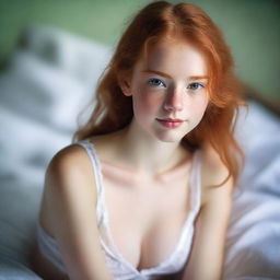 A beautiful 18-year-old girl with ginger hair and green eyes