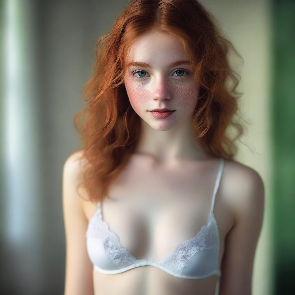 A beautiful 18-year-old girl with ginger hair and green eyes