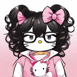 Create an image of Hello Kitty with medium-length curly black hair and bangs