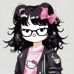 Create an image of Hello Kitty with medium-length curly black hair and bangs